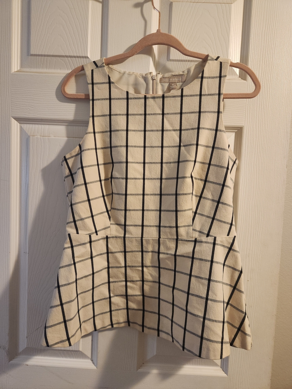 Banana Republic Cream and Black Windowpane Peplum Top